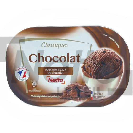 Crème glacée saveur chocolat avec morceaux en bac 595g - NETTO